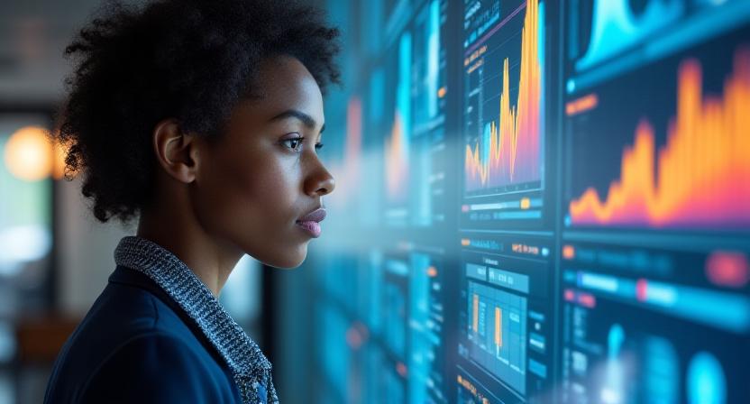 Business professional analyzing real-time data flow on a multi-screen setup
